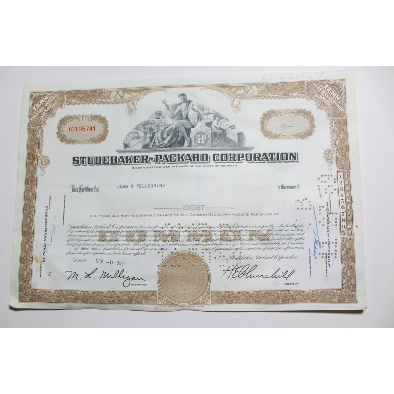 1959 Studebaker-Packard Corporation Stock Certificate 8 Shares Y0195741