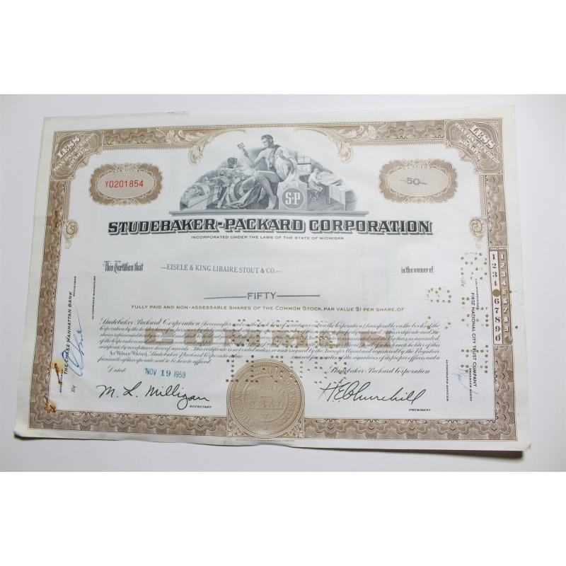 1959 Studebaker-Packard Corporation Stock Certificate 50 Shares Y0201854