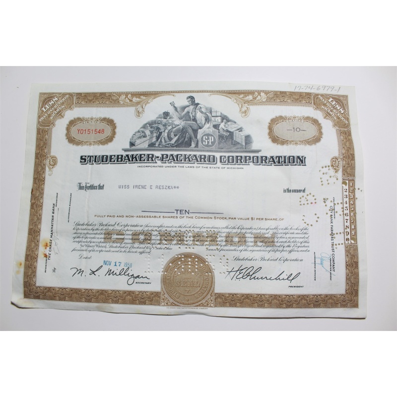 1959 Studebaker-Packard Corporation Stock Certificate 10 Shares Y0151548