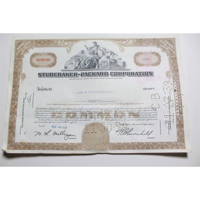1959 Studebaker-Packard Corporation Stock Certificate 30 Shares Y0195165