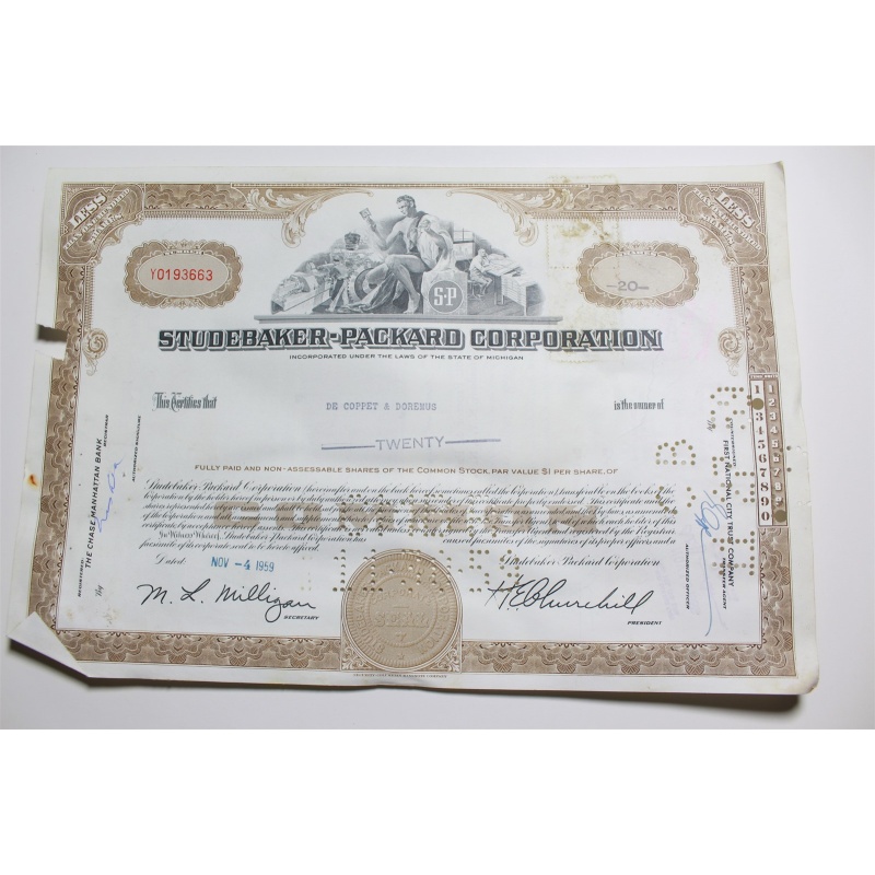 1959 Studebaker-Packard Corporation Stock Certificate 20 Shares Y0193663