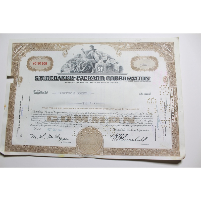 1959 Studebaker-Packard Corporation Stock Certificate 30 Shares Y0191608