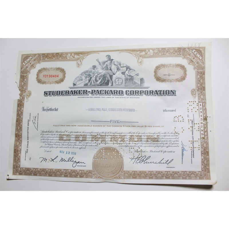 1959 Studebaker-Packard Corporation Stock Certificate 5 Shares Y0198484