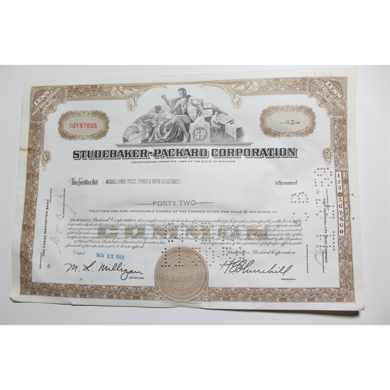 1959 Studebaker-Packard Corporation Stock Certificate 42 Shares Y0197895