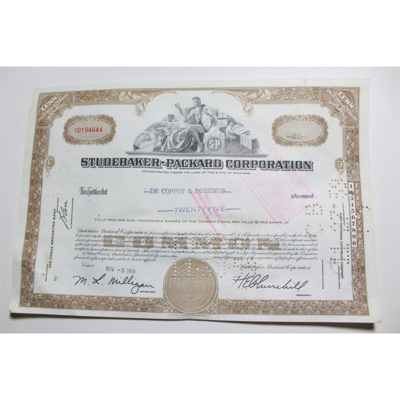 1959 Studebaker-Packard Corporation Stock Certificate 25 Shares Y0194644