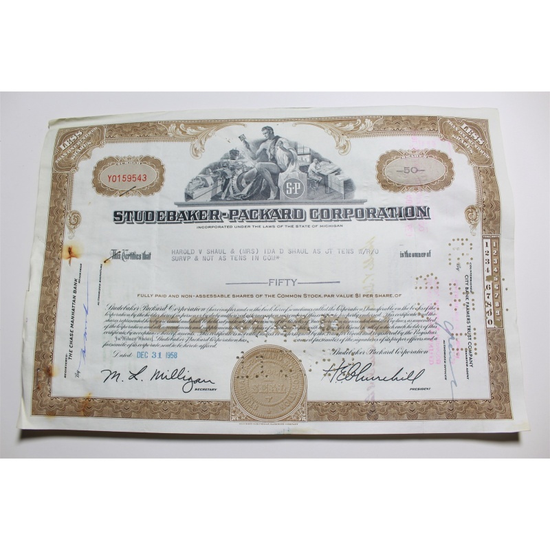 1959 Studebaker-Packard Corporation Stock Certificate 50 Shares Y0159543