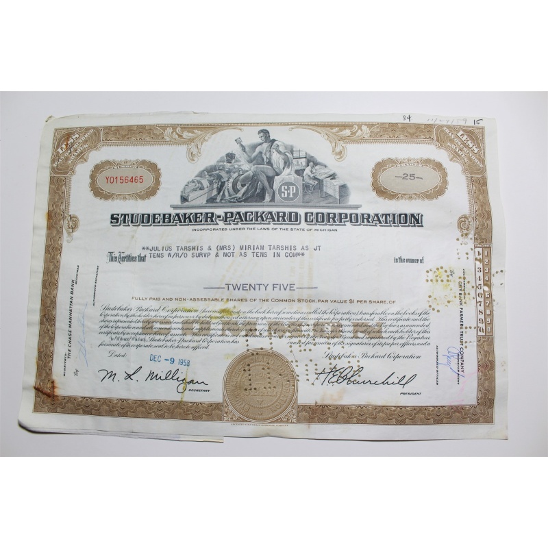 1959 Studebaker-Packard Corporation Stock Certificate 25 Shares Y0156465