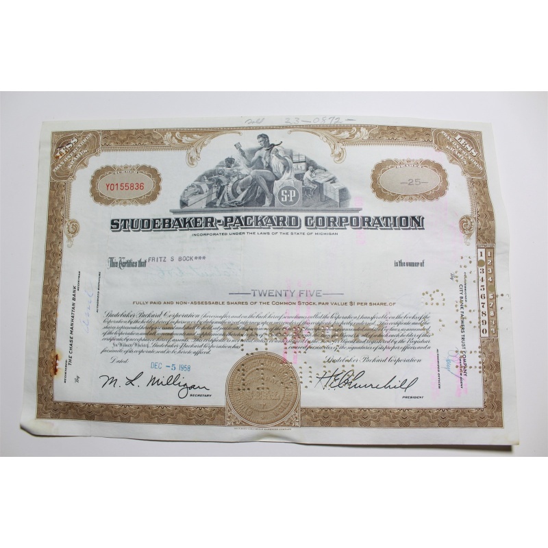 1959 Studebaker-Packard Corporation Stock Certificate 25 Shares Y0155836