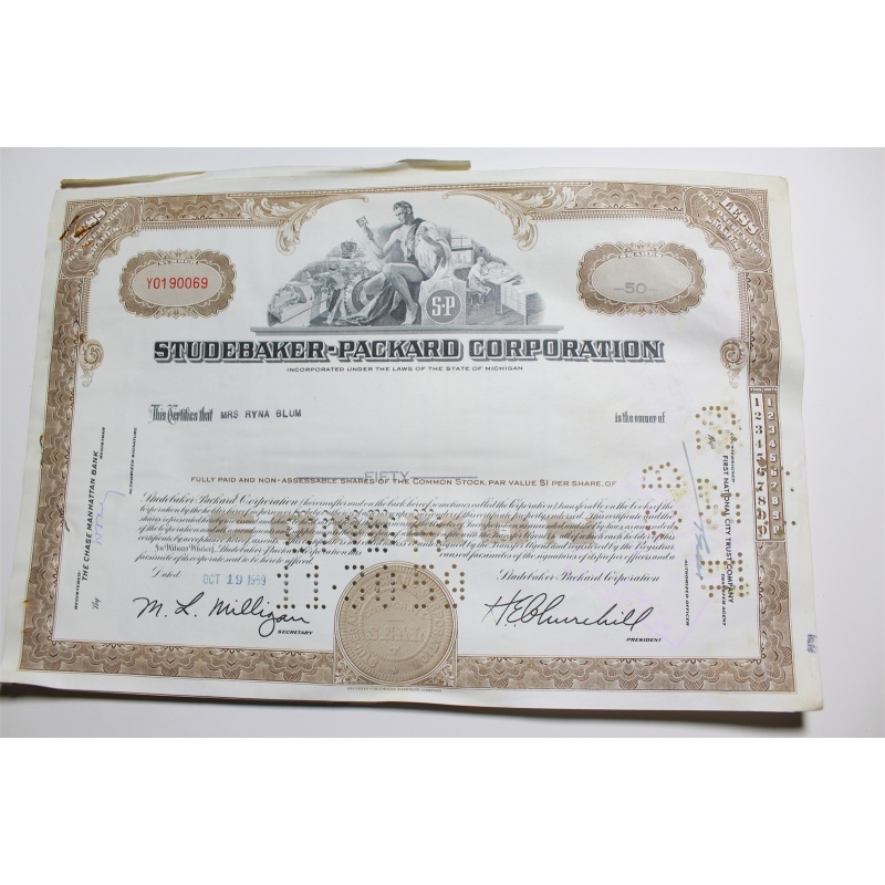 1959 Studebaker-Packard Corporation Stock Certificate 50 Shares Y0190069
