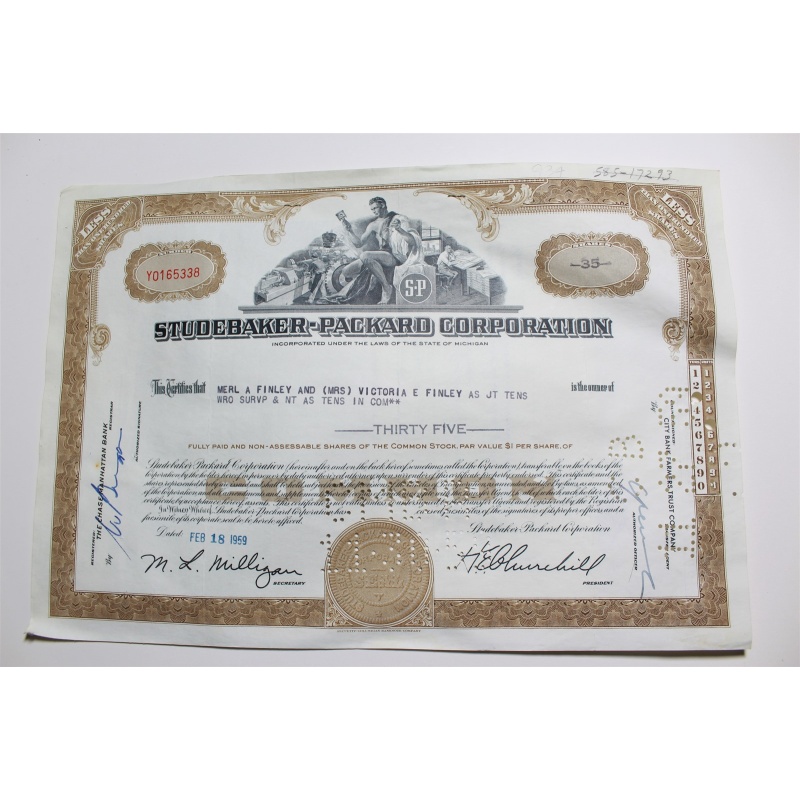 1959 Studebaker-Packard Corporation Stock Certificate 35 Shares Y0165338