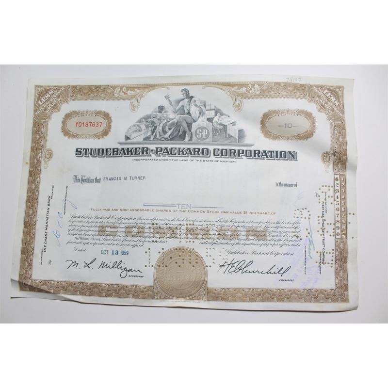 1959 Studebaker-Packard Corporation Stock Certificate 10 Shares Y0187637