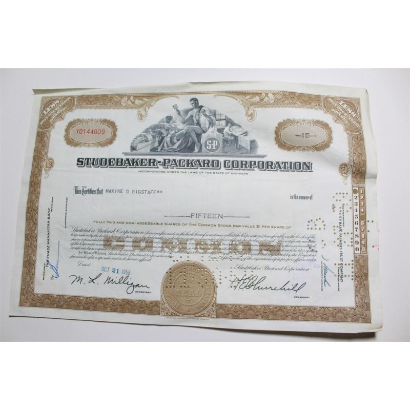 1959 Studebaker-Packard Corporation Stock Certificate 15 Shares Y0144009