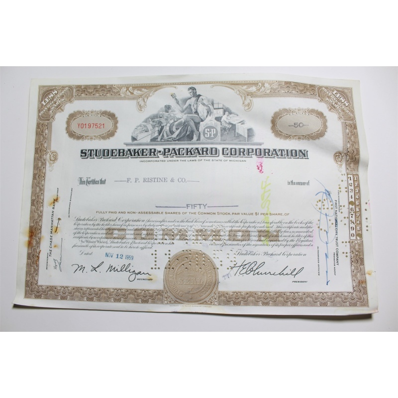 1959 Studebaker-Packard Corporation Stock Certificate 50 Shares Y0197521