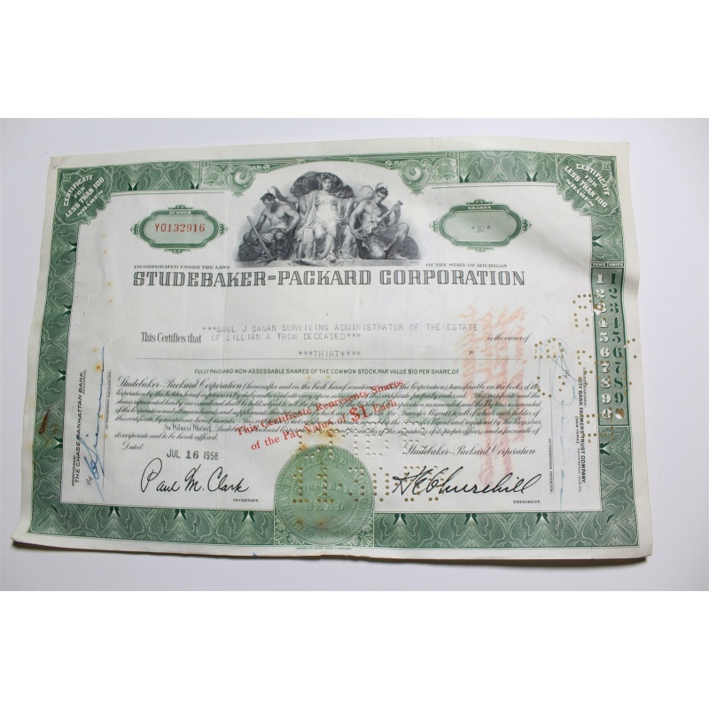 1959 Studebaker-Packard Corporation Stock Certificate 30 Shares Y0132916