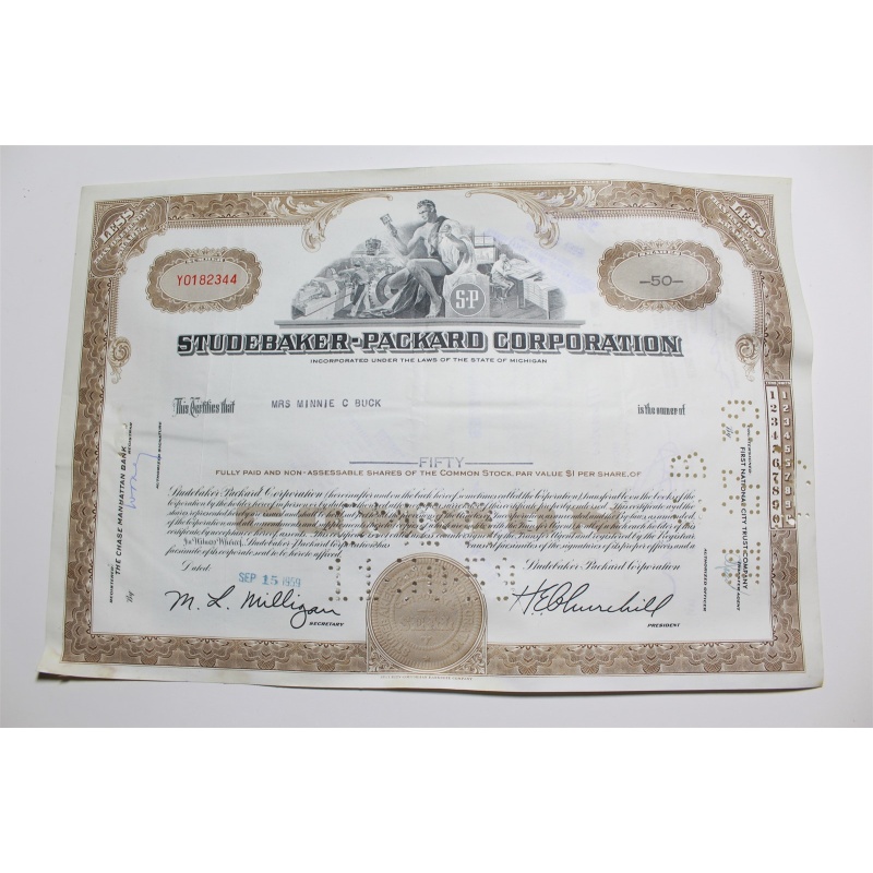 1959 Studebaker-Packard Corporation Stock Certificate 50 Shares Y0182344