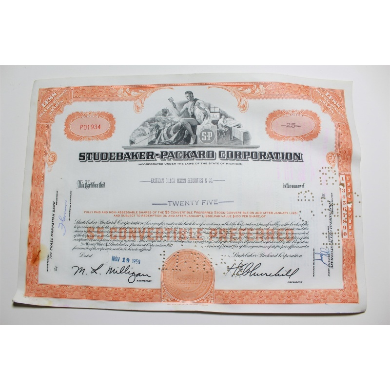 1959 Studebaker-Packard Corporation Stock Certificate 25 Shares P01934