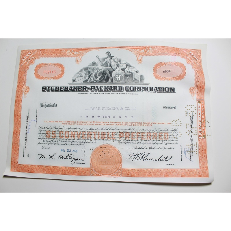 1959 Studebaker-Packard Corporation Stock Certificate 10 Shares P02145