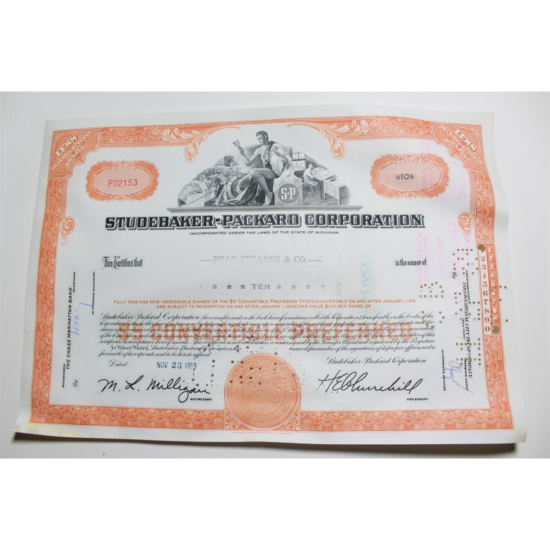 1959 Studebaker-Packard Corporation Stock Certificate 10 Shares P02153