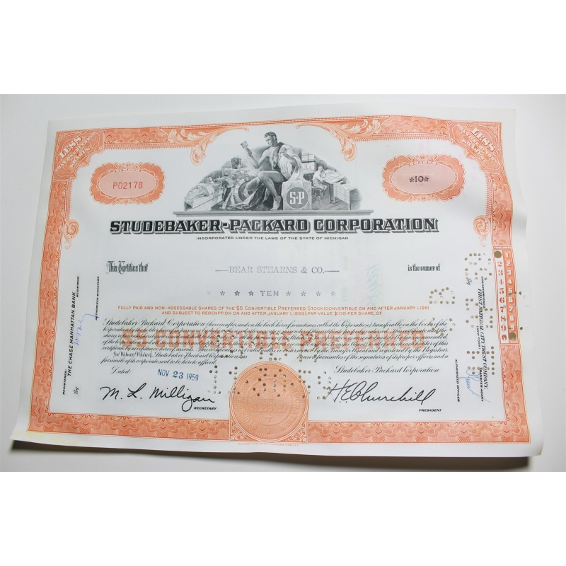 1959 Studebaker-Packard Corporation Stock Certificate 10 Shares P02178