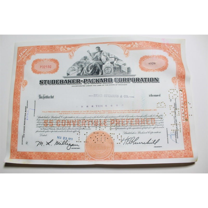 1959 Studebaker-Packard Corporation Stock Certificate 10 Shares P02186