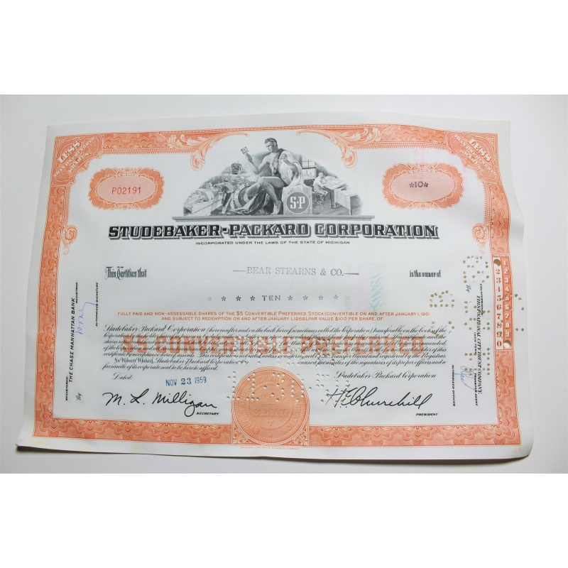 1959 Studebaker-Packard Corporation Stock Certificate 10 Shares P02191