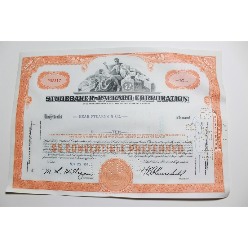 1959 Studebaker-Packard Corporation Stock Certificate 10 Shares P02317