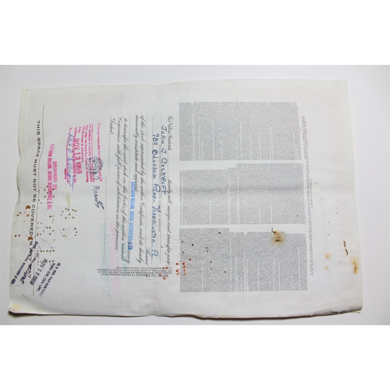 1959 Studebaker-Packard Corporation Stock Certificate 5 Shares P01460