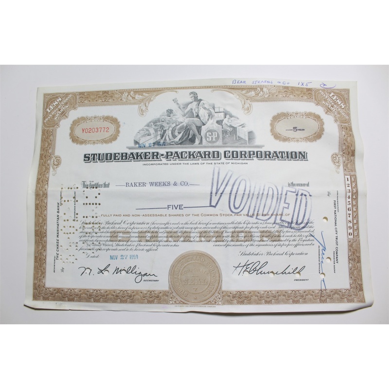 1959 Studebaker-Packard Corporation Stock Certificate 5 Shares Y0203772