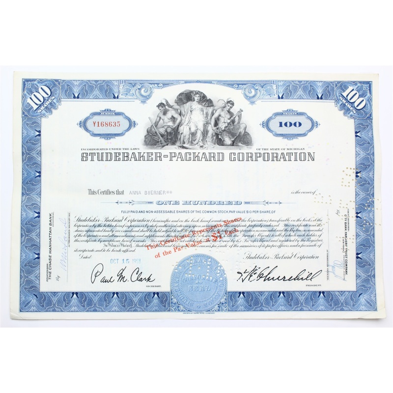 1958 Studebaker-Packard Corporation Stock Certificate - Y168635 - 100 Shares