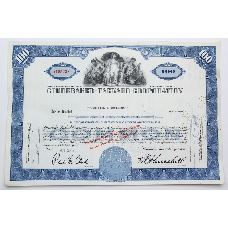 1958 Studebaker-Packard Corporation Stock Certificate - Y155238 - 100 Shares