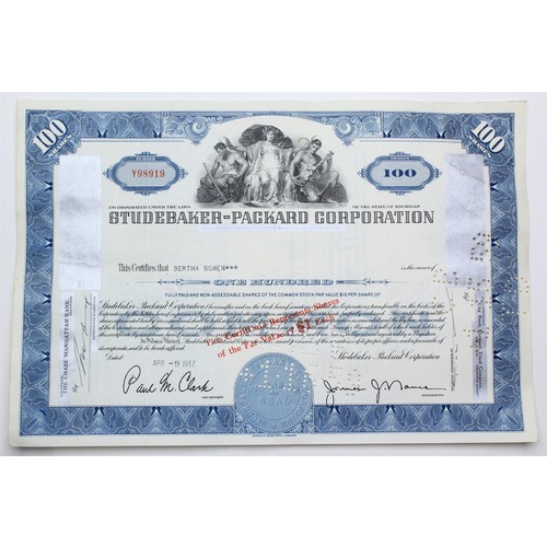 1957 Studebaker-Packard Corporation Stock Certificate - Y98919 - 100 Shares