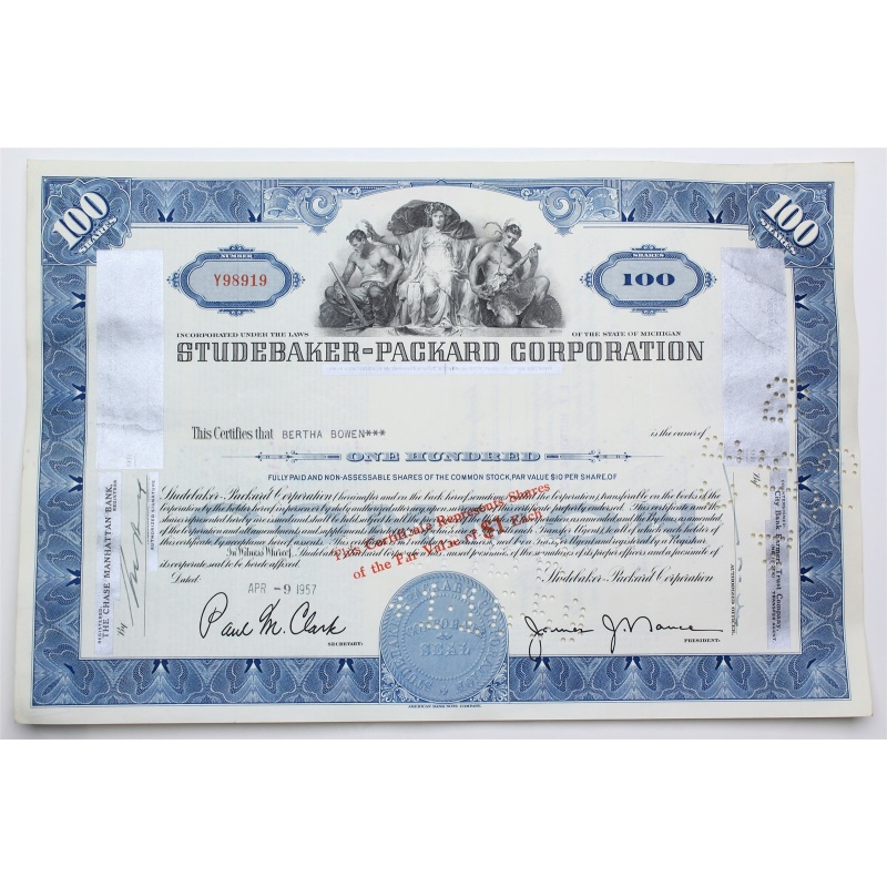 1957 Studebaker-Packard Corporation Stock Certificate - Y98919 - 100 Shares
