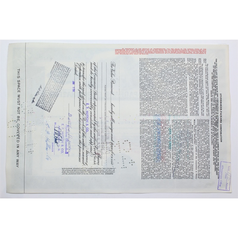 1957 Studebaker-Packard Corporation Stock Certificate - Y98919 - 100 Shares