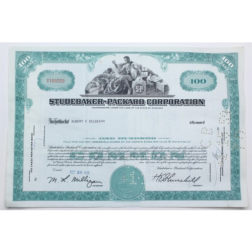 1958 Studebaker-Packard Corporation Stock Certificate - Y189229 - 100 Shares