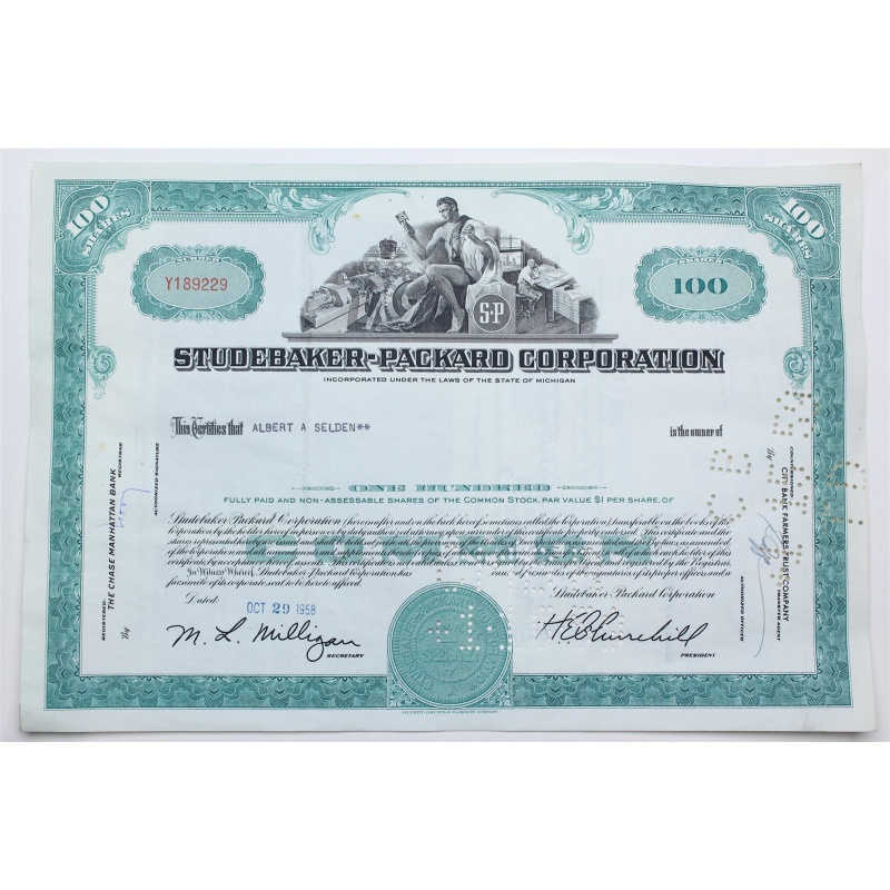 1958 Studebaker-Packard Corporation Stock Certificate - Y189229 - 100 Shares
