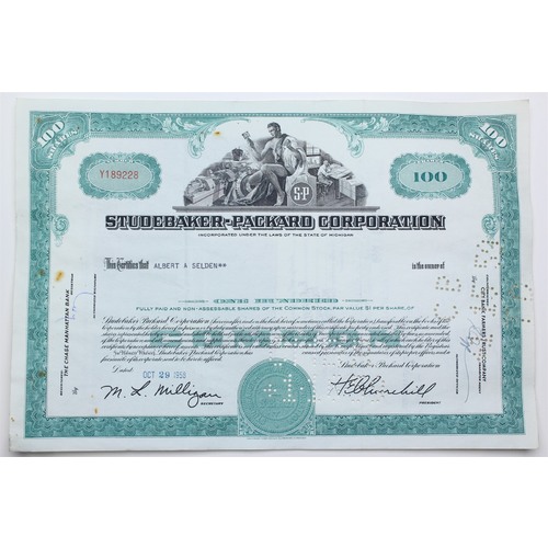 1958 Studebaker-Packard Corporation Stock Certificate - Y189228 - 100 Shares