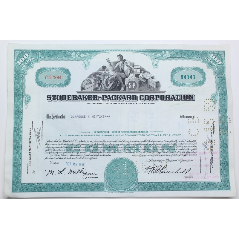1958 Studebaker-Packard Corporation Stock Certificate - Y187994 - 100 Shares