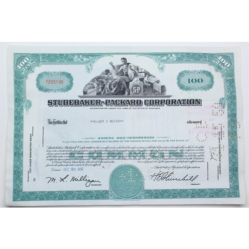 1958 Studebaker-Packard Corporation Stock Certificate - Y205195 - 100 Shares
