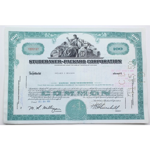 1958 Studebaker-Packard Corporation Stock Certificate - Y205197 - 100 Shares