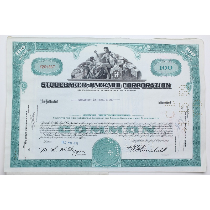 1958 Studebaker-Packard Corporation Stock Certificate - Y201867 - 100 Shares