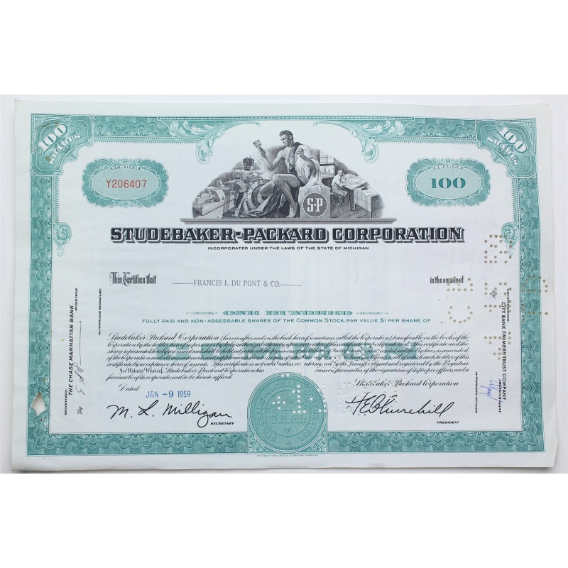 1959 Studebaker-Packard Corporation Stock Certificate - Y206407 - 100 Shares