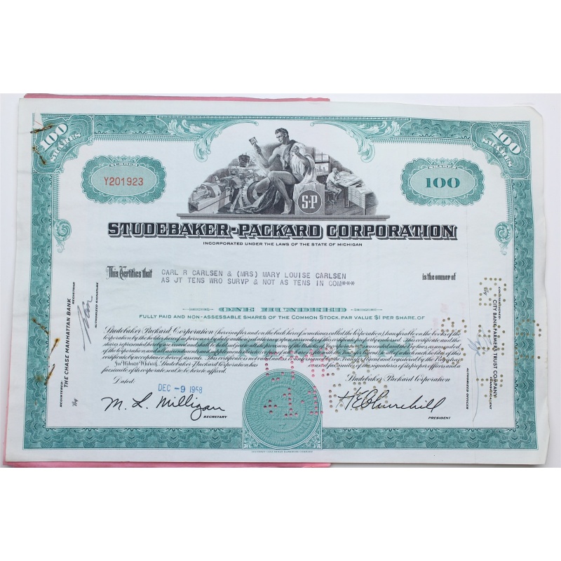 1958 Studebaker-Packard Corporation Stock Certificate - Y201923 - 100 Shares