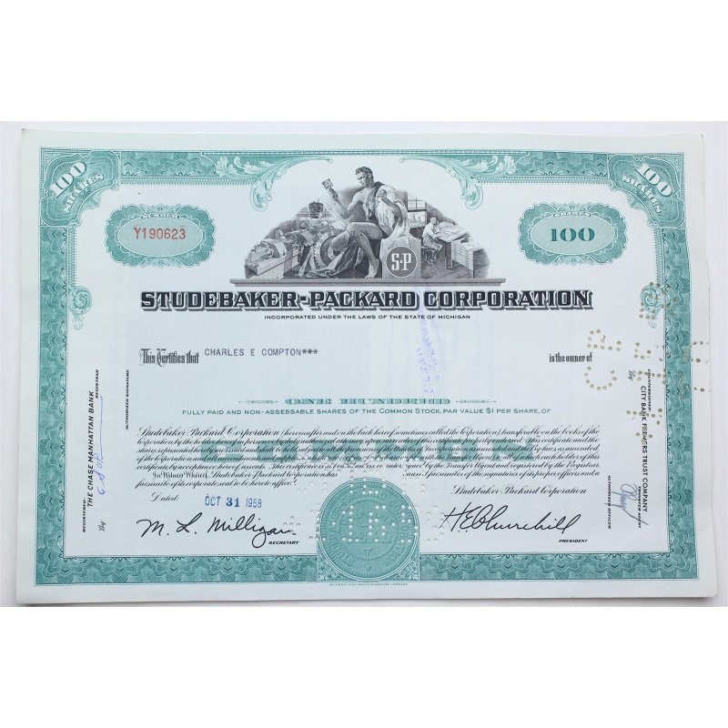 1958 Studebaker-Packard Corporation Stock Certificate - Y190623 - 100 Shares