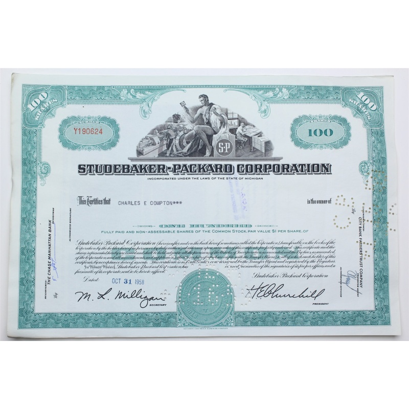 1958 Studebaker-Packard Corporation Stock Certificate - Y190624 - 100 Shares
