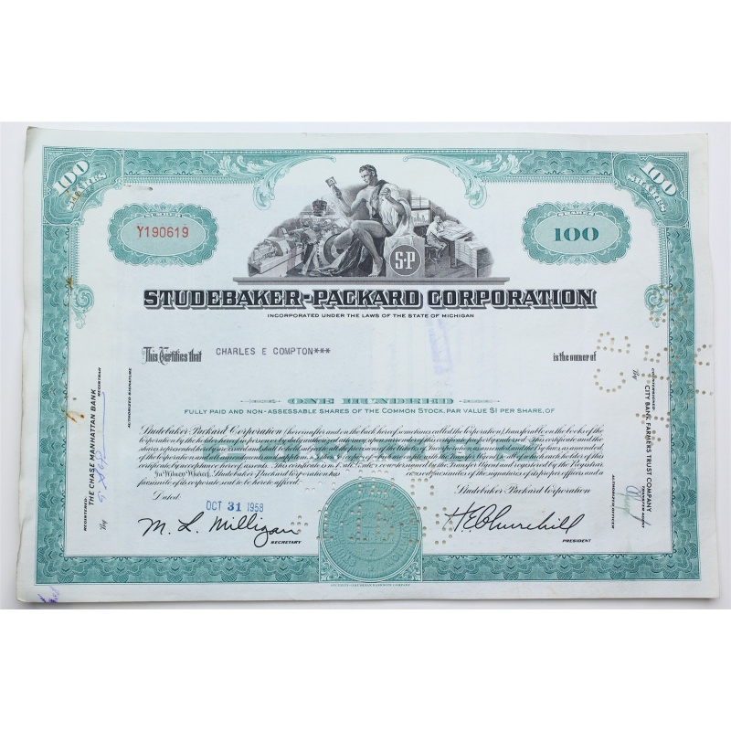 1958 Studebaker-Packard Corporation Stock Certificate - Y190619 - 100 Shares