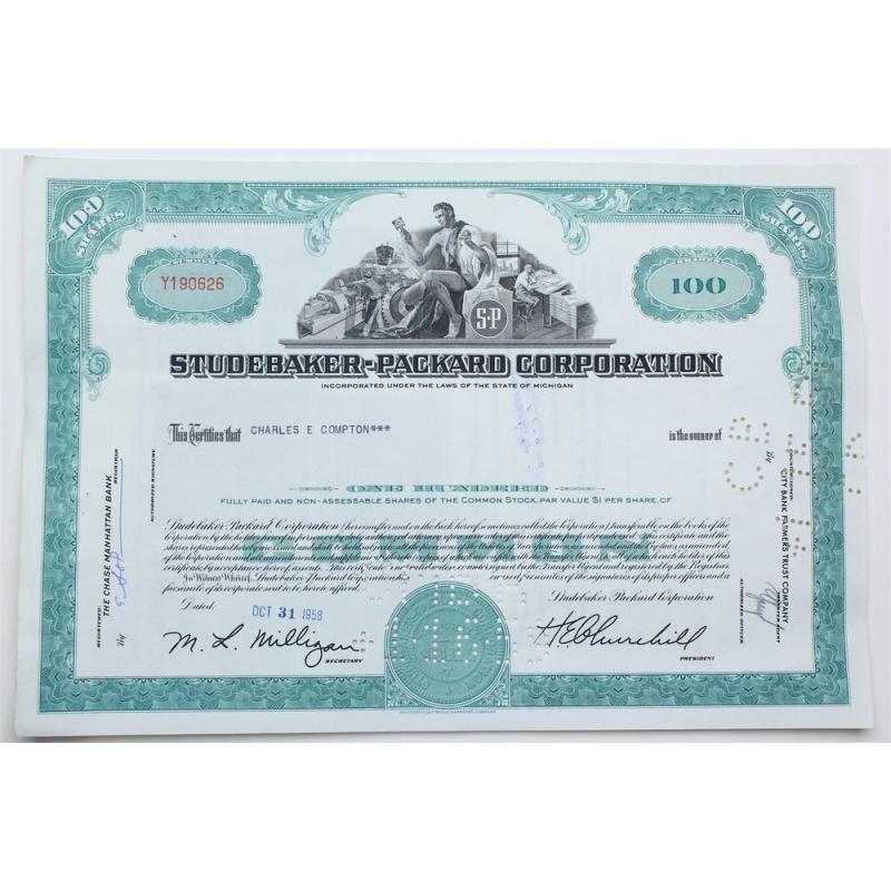 1958 Studebaker-Packard Corporation Stock Certificate - Y190626 - 100 Shares