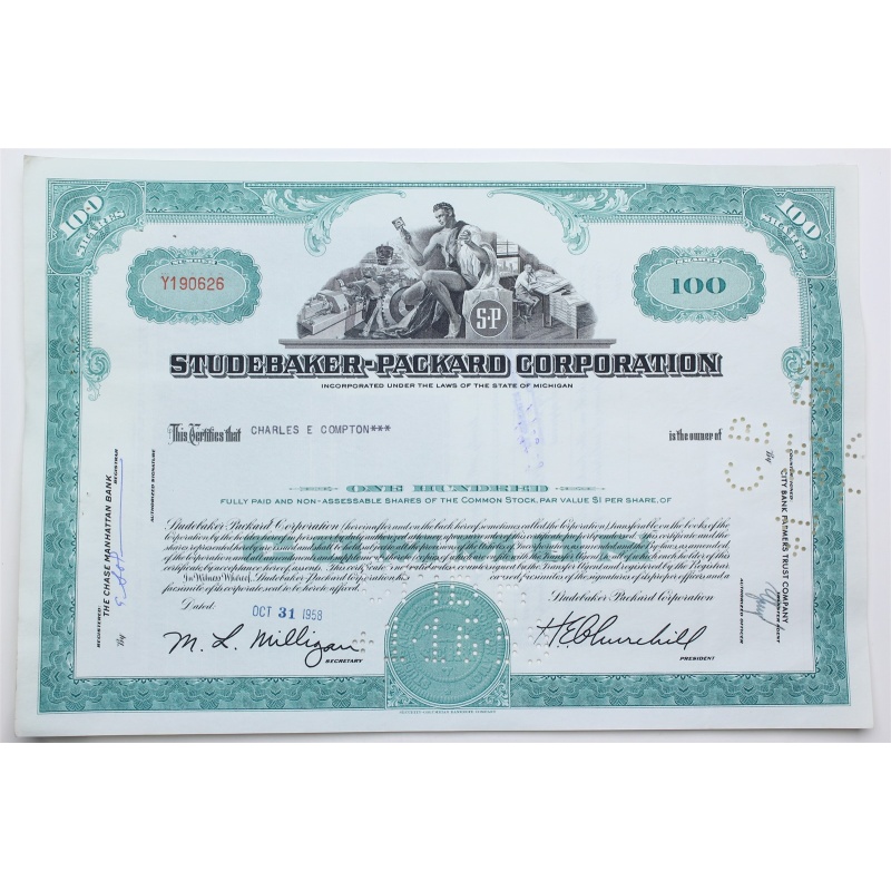 1958 Studebaker-Packard Corporation Stock Certificate - Y190626 - 100 Shares