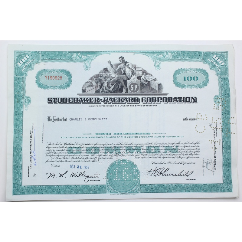 1958 Studebaker-Packard Corporation Stock Certificate - Y190628 - 100 Shares