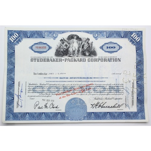 1958 Studebaker-Packard Corporation Stock Certificate - Y144355 - 100 Shares