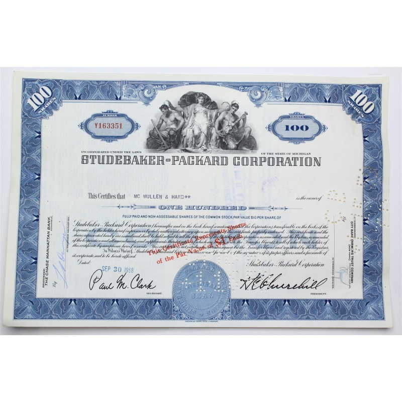 1958 Studebaker-Packard Corporation Stock Certificate - Y163351 - 100 Shares